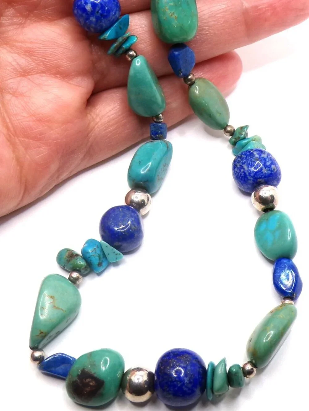 Free-Form Turquoise & Lapis Necklace – Sterling Silver Beads & Clasp
